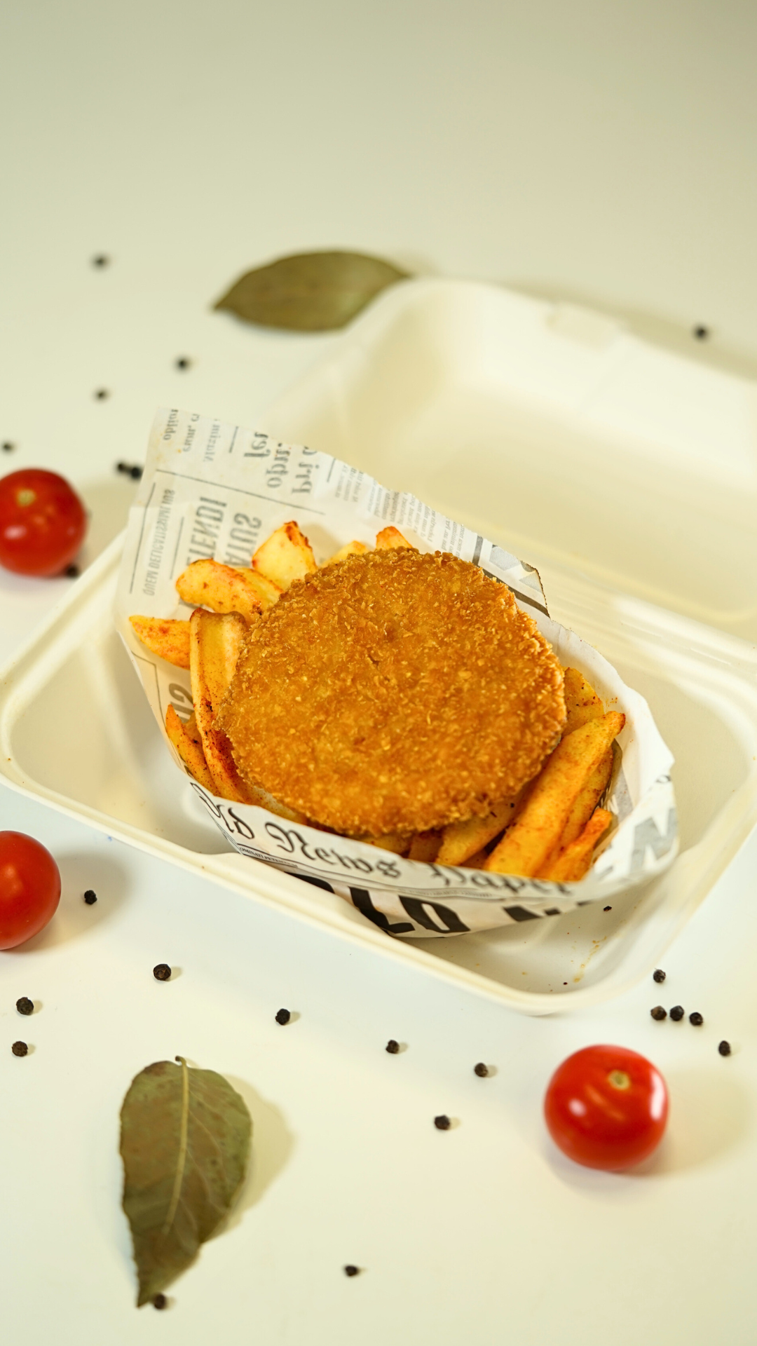 French fries with a fish patty